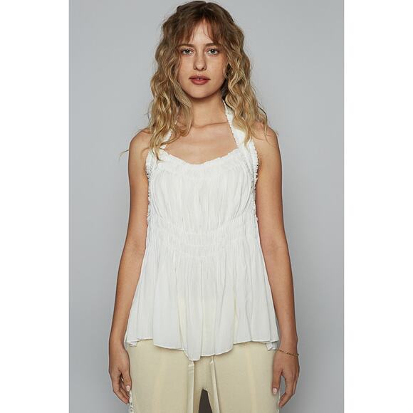 POL Backless Halter Neckline Sleeveless Smocked Shirring Detail Tank Top | White - Picture 3 of 6